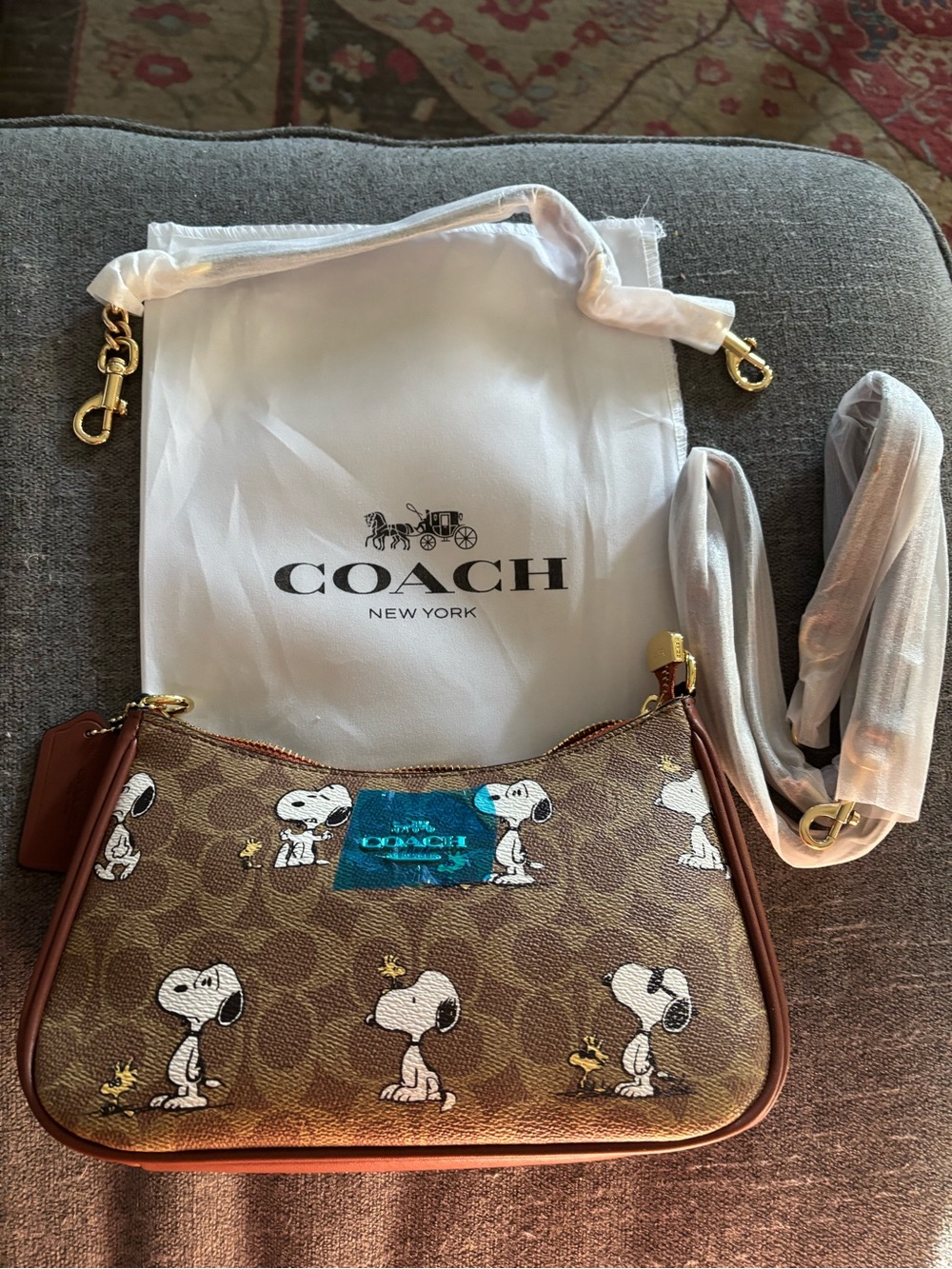 Coach Brown Signature Canvas Crossbody with Snoopy Print and Gold Hardware
